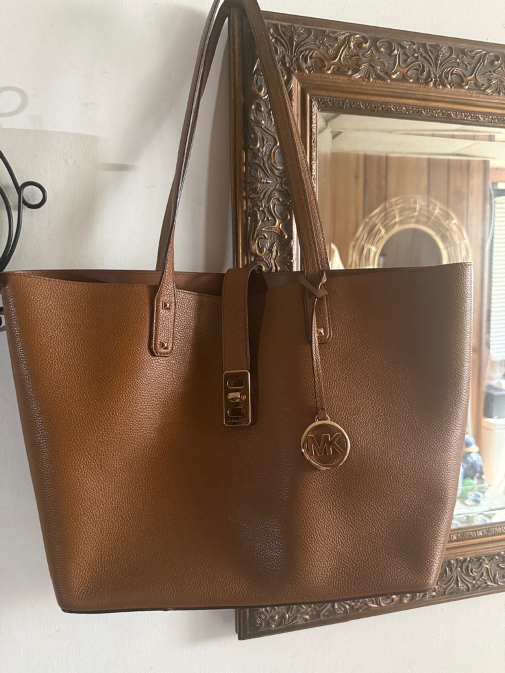 Michael Kors Cognac Brown Leather Tote with MK Charm
